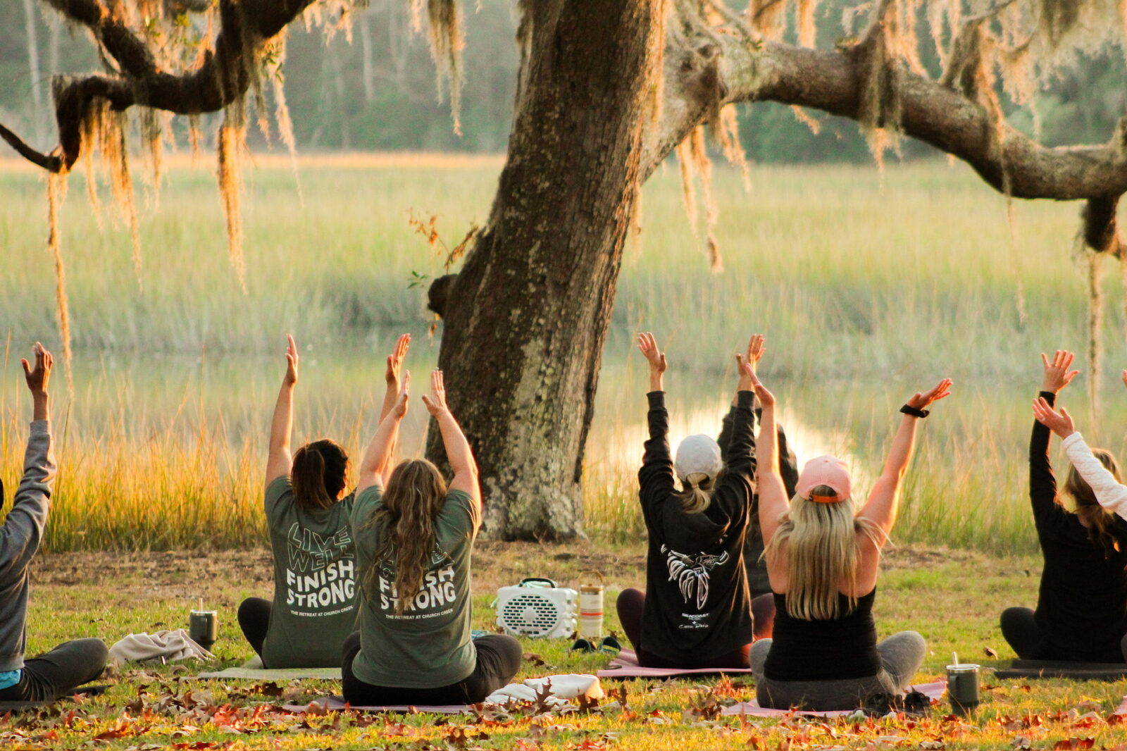 A group with arms raised under the oak at sunset